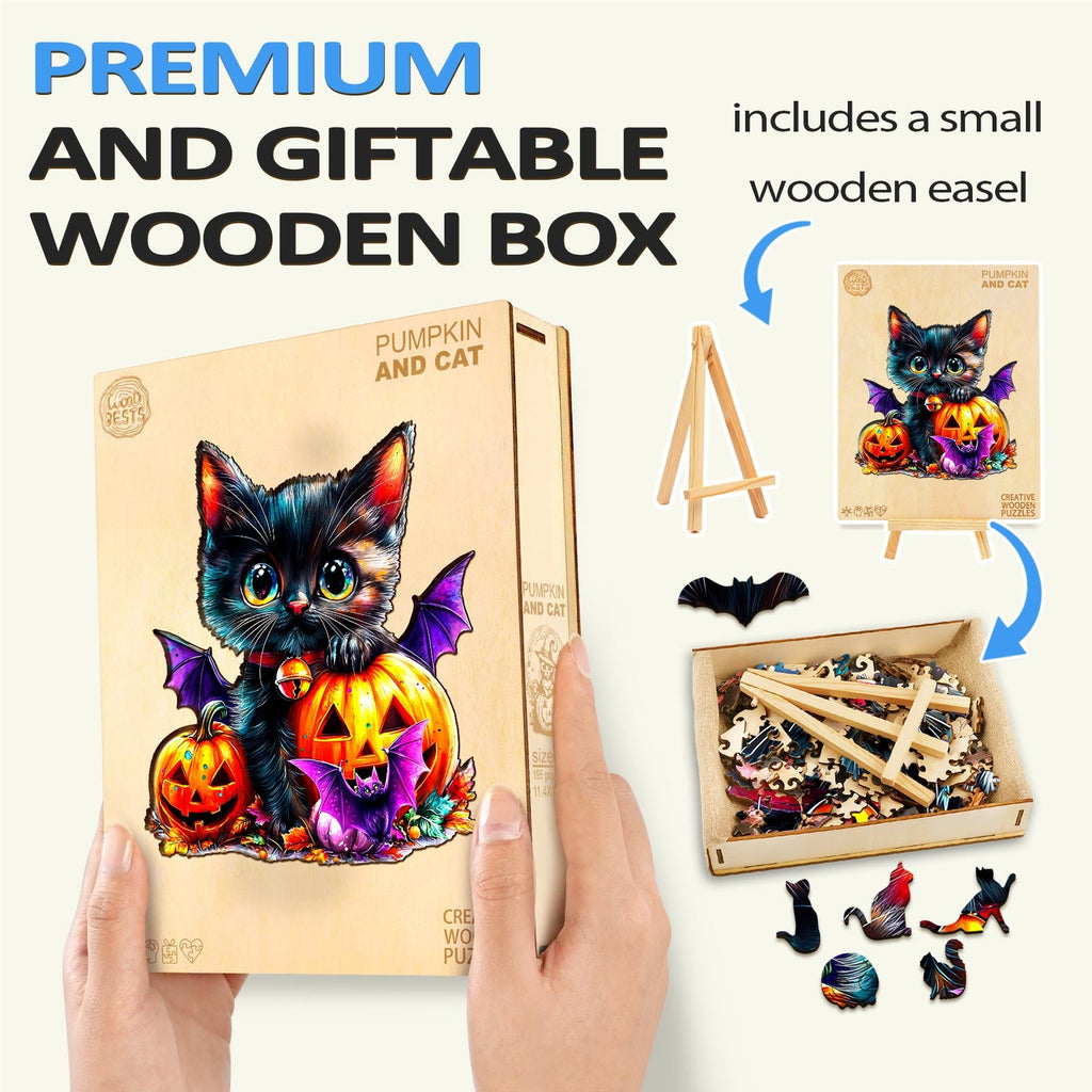 Colorful Pumpkin and Cat wooden jigsaw puzzle in a premium gift box with small easel, perfect for mind games and focus.