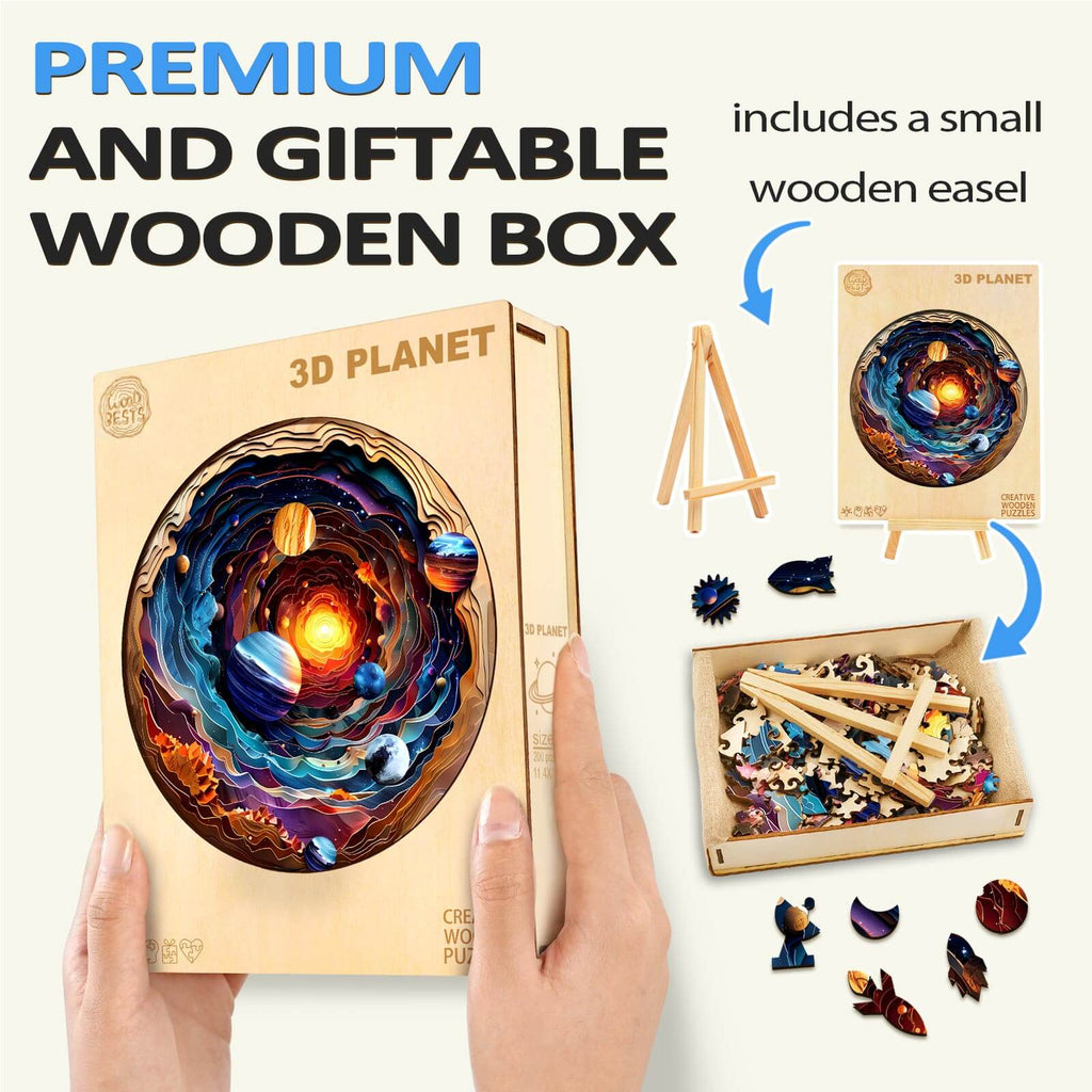 3D Planet wooden jigsaw puzzle in a premium gift box, featuring a small easel and colorful planet pieces.