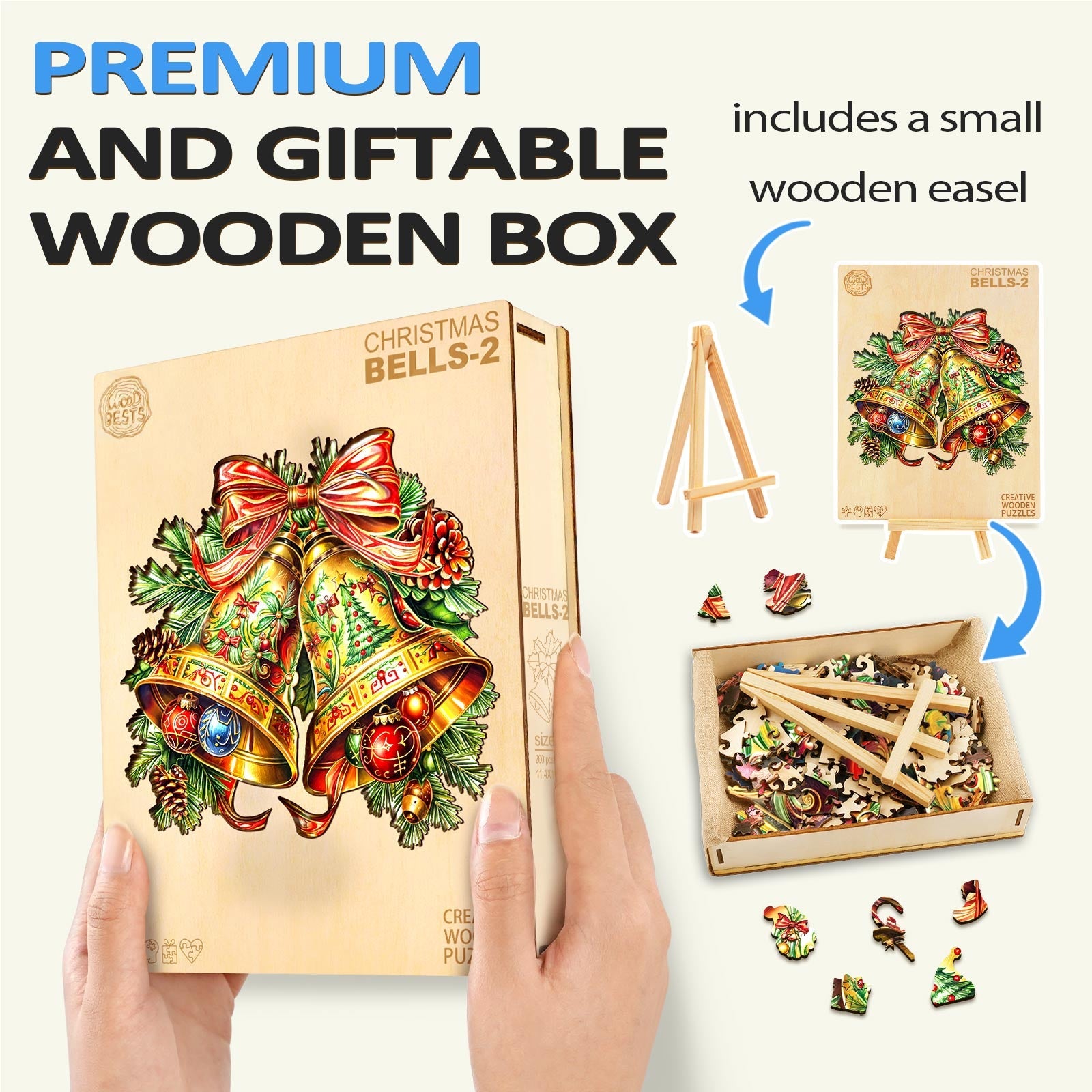 Christmas Bells-2 wooden jigsaw puzzle in a premium gift box with a small easel and colorful puzzle pieces.