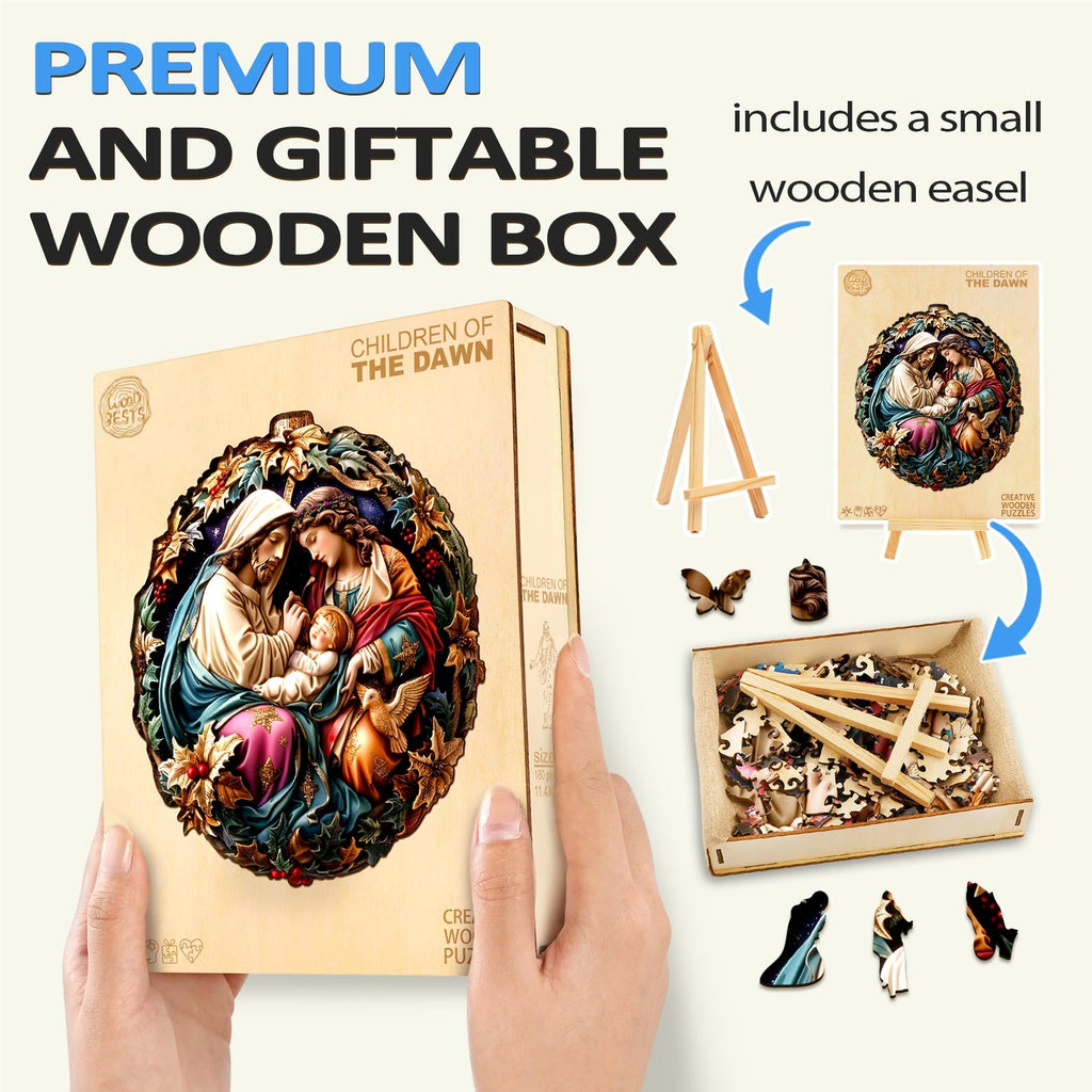 Children of The Dawn wooden jigsaw puzzle in a premium gift box with a wooden easel for display.