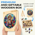 Stained Glass Maine Coon Wooden Jigsaw Puzzle with colorful design, wooden box packaging and small easel included.