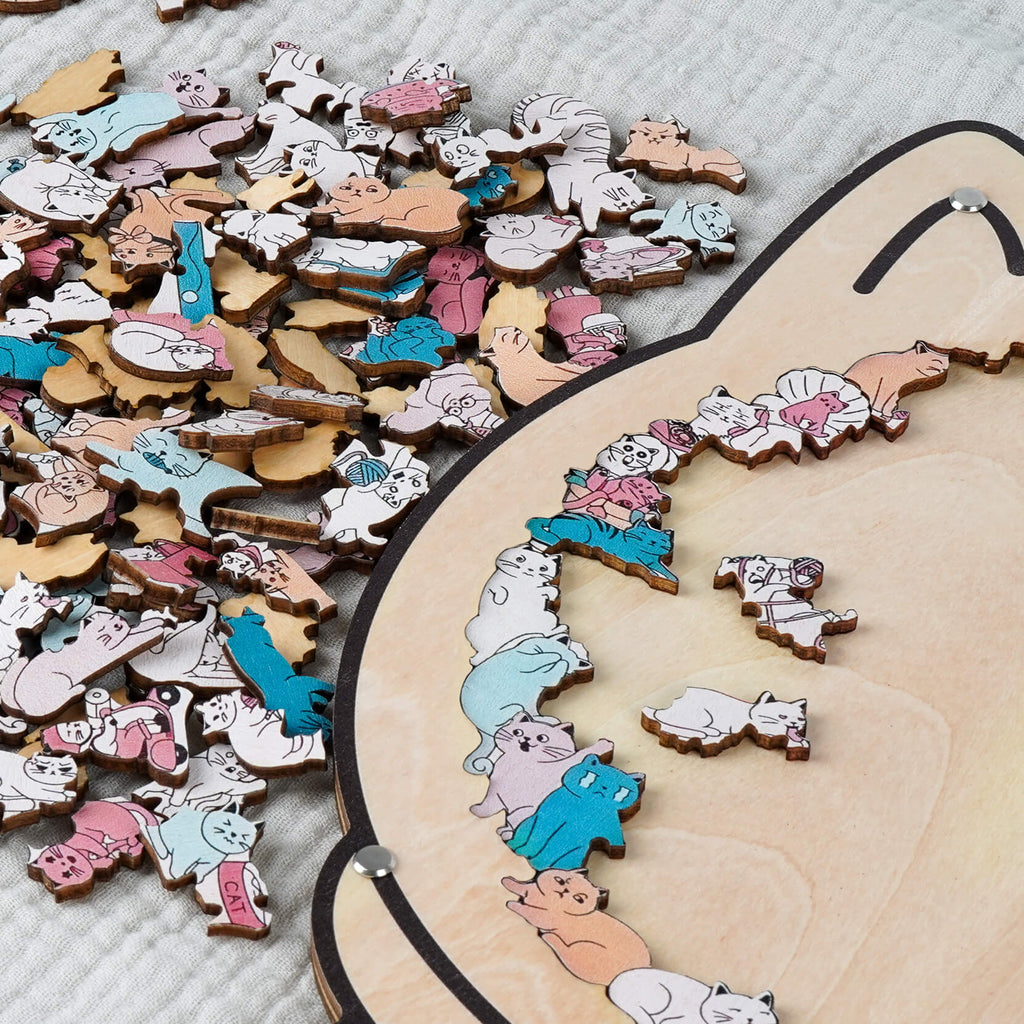 Morandi-Colored Cozy Cat Shaped Wooden Jigsaw Puzzle