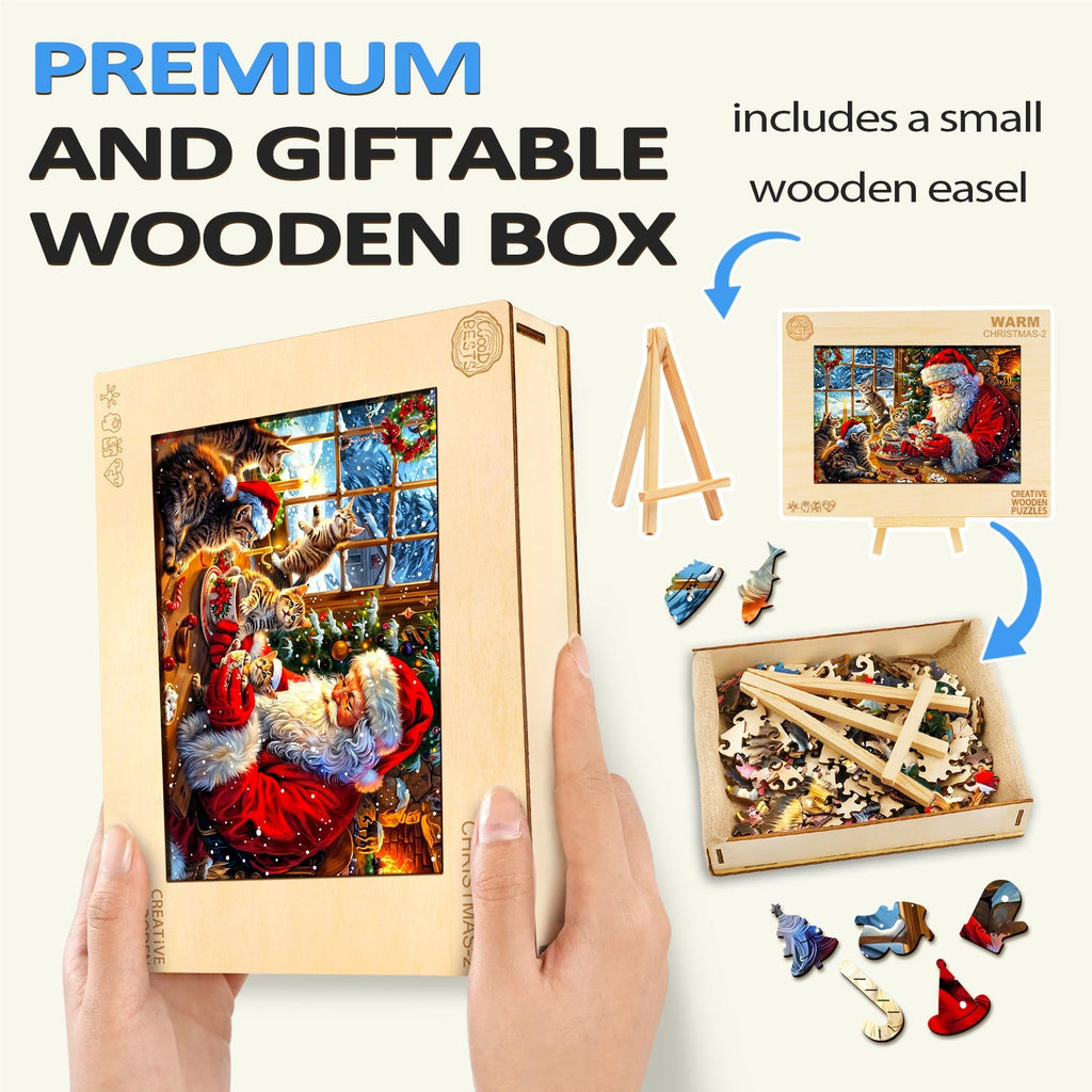 Warm Christmas-2 wooden jigsaw puzzle in premium gift box with easel and unique pieces for an engaging holiday experience.