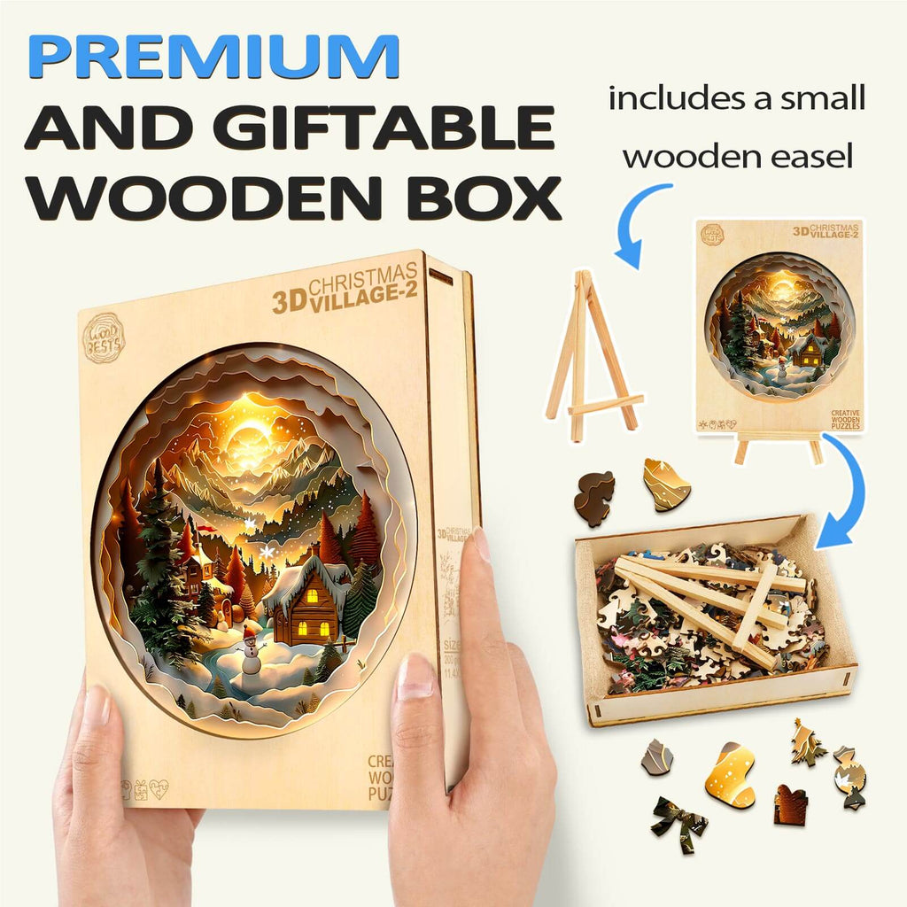 3D Christmas Village-2 wooden jigsaw puzzle in a premium gift box with a small easel for display.