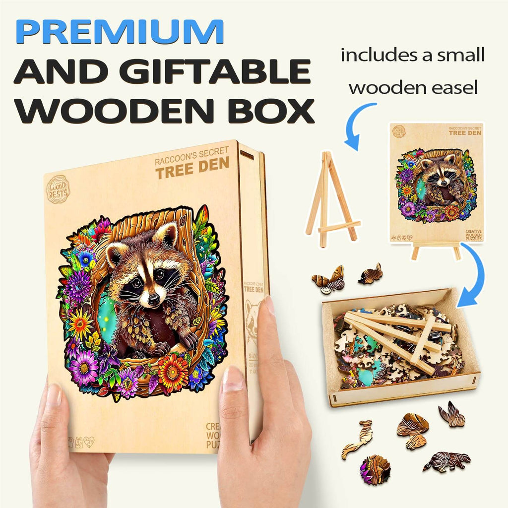 Raccoon's Secret Tree Den puzzle in a premium wooden box with a small easel, perfect for gift-giving.