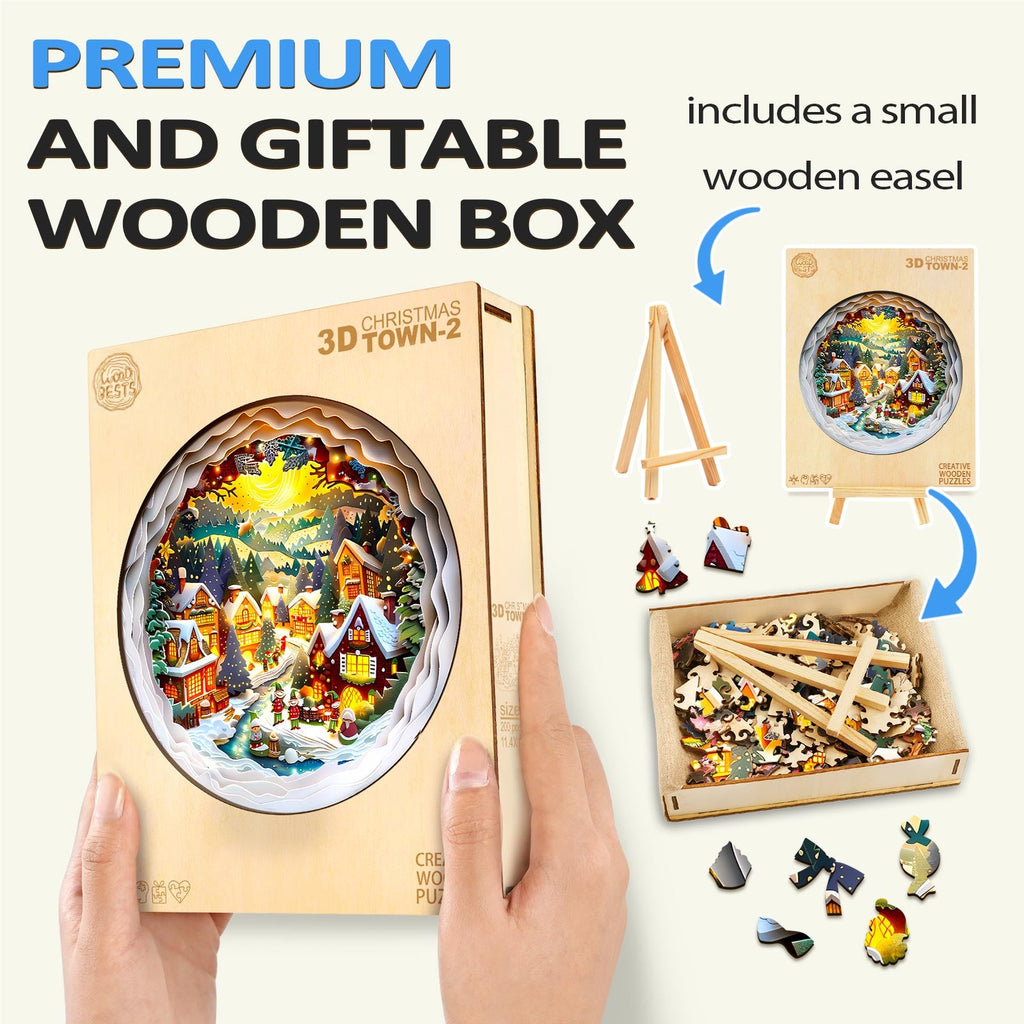 3D Christmas Town-2 wooden jigsaw puzzle in premium gift box with small easel and colorful pieces for mind games.