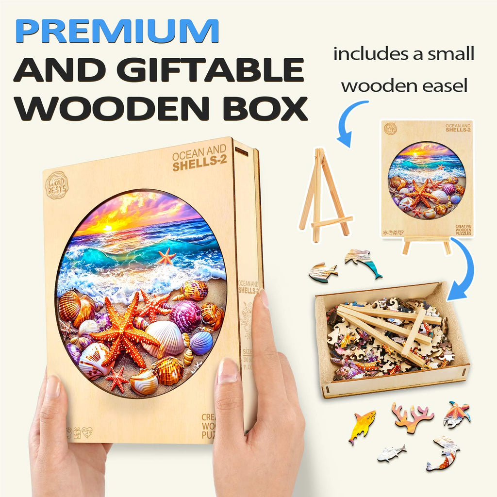 Ocean and Shells-2 wooden jigsaw puzzle in a gift box with small easel, perfect for brain games and focus.