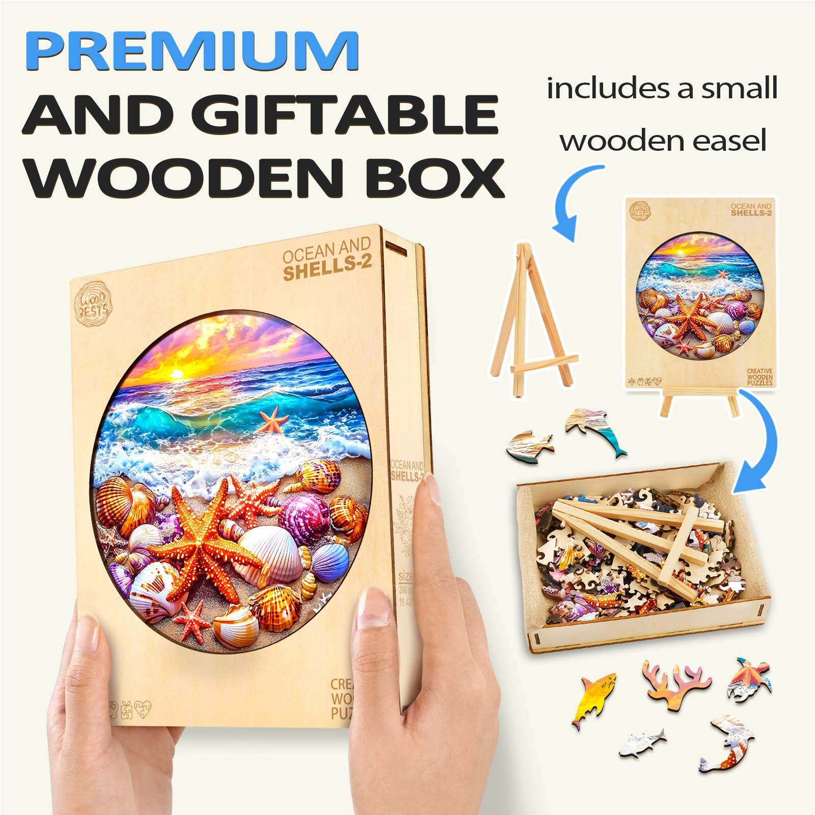 Ocean and Shells-2 wooden jigsaw puzzle in a gift box with small easel, perfect for brain games and focus.