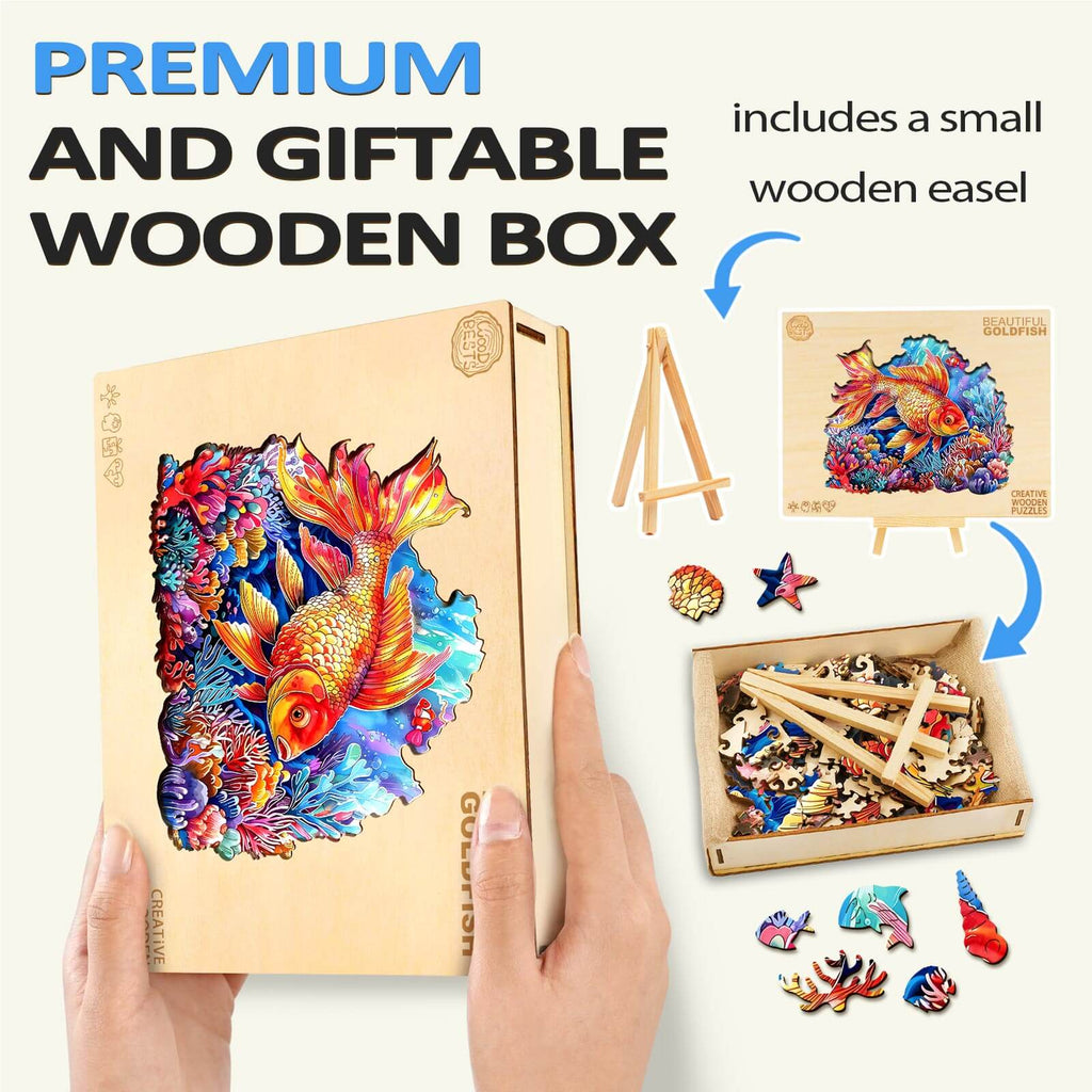 Beautiful Goldfish Wooden Jigsaw Puzzle in a premium gift box with a small easel, perfect for puzzle lovers.