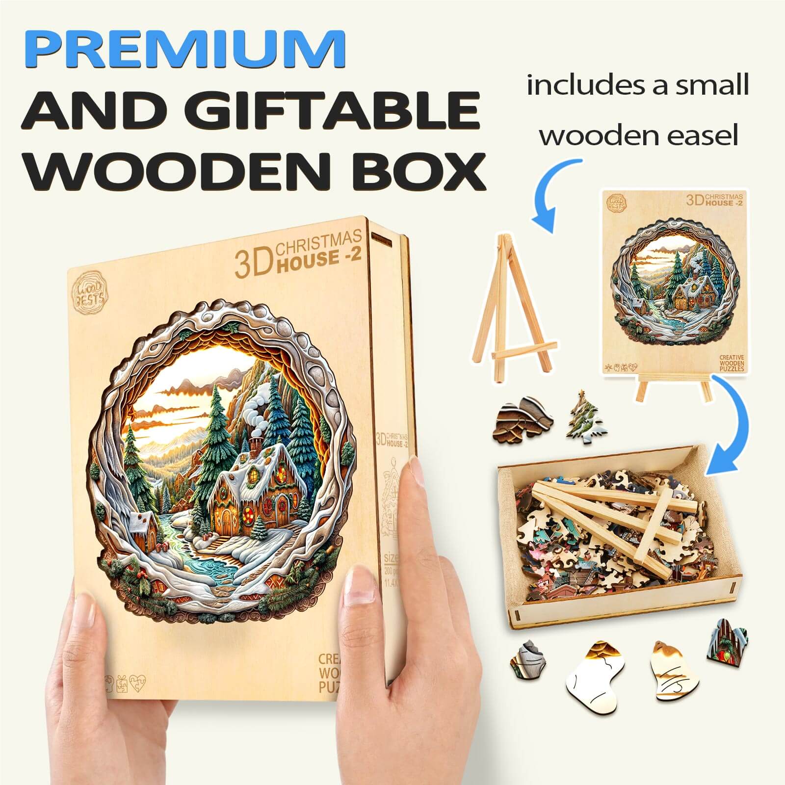 3D Christmas House-2 wooden jigsaw puzzle in a premium gift box with a small easel, perfect for holiday fun.