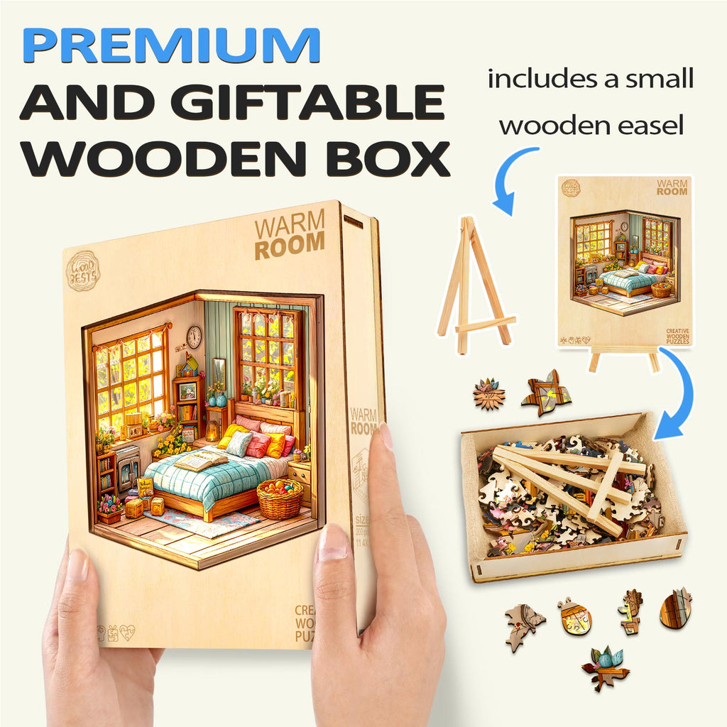 3D Warm Room wooden jigsaw puzzle in a gift box with easel, perfect for puzzle enthusiasts and mind game lovers.