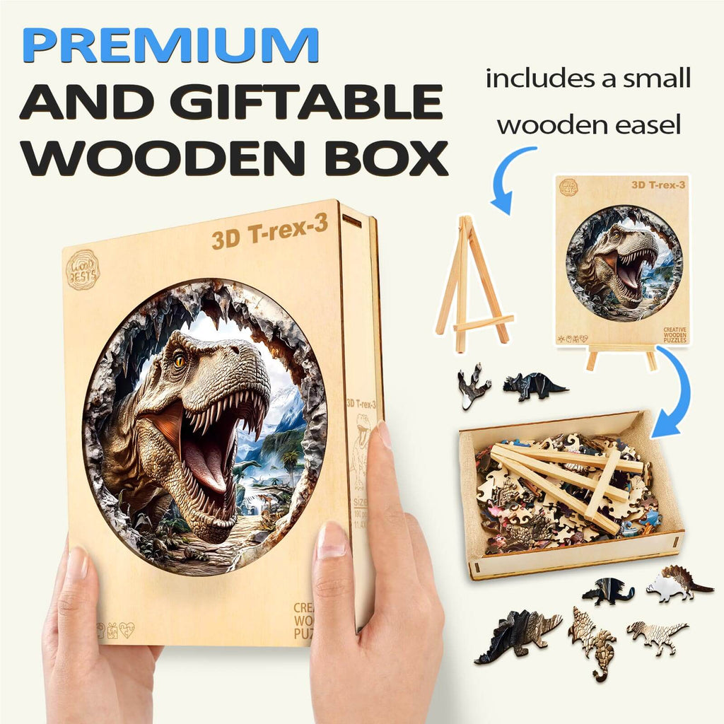 3D T-Rex wooden jigsaw puzzle in a premium gift box with a small wooden easel and colorful pieces.
