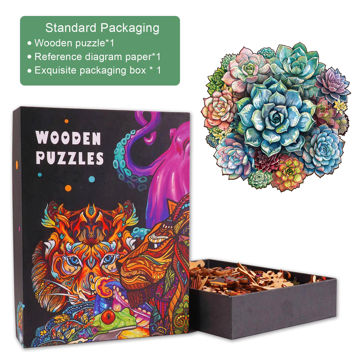 Elegant Succulent Wooden Jigsaw Puzzle in a colorful box, showcasing intricate wood pieces for mind games and focus.