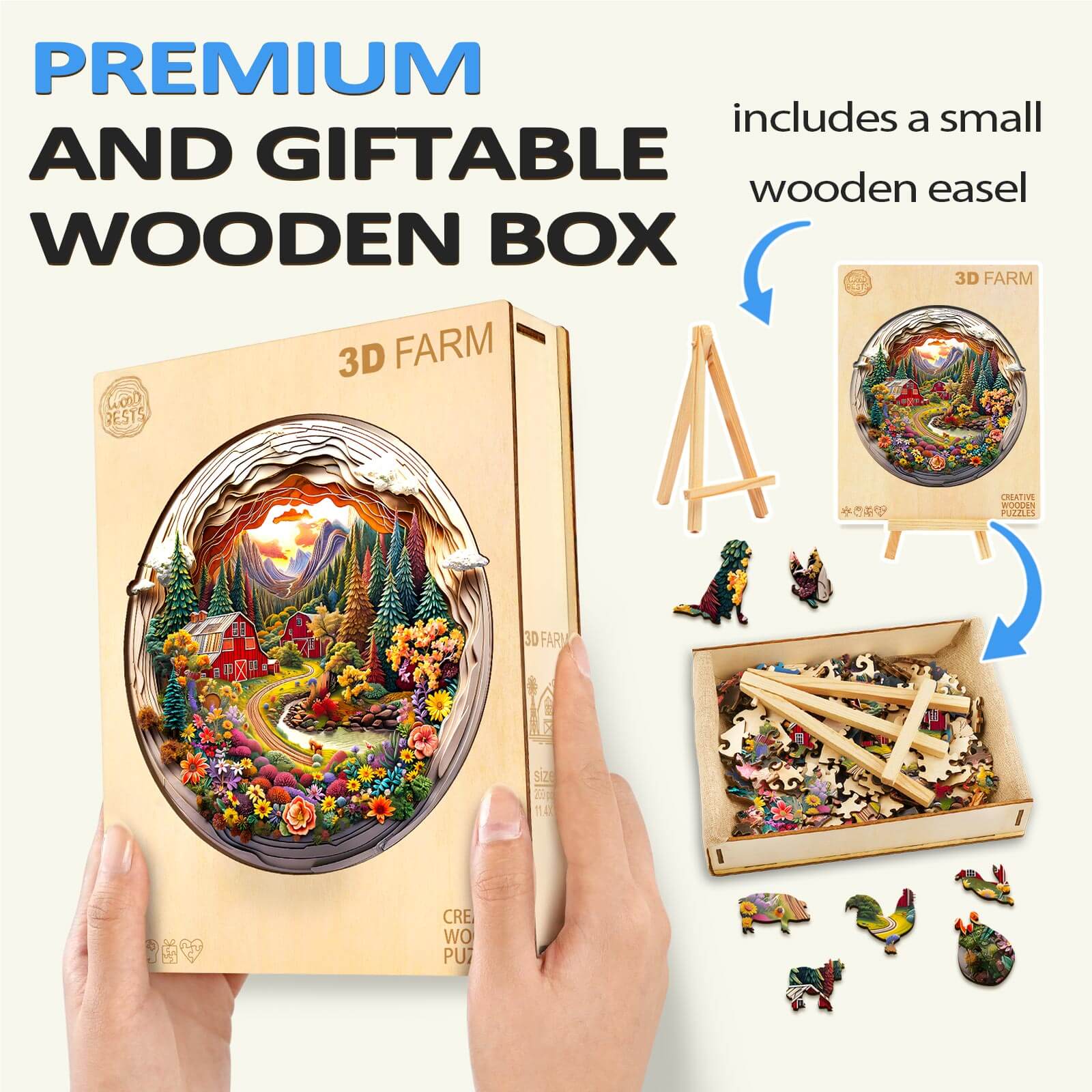 3D Farm wooden jigsaw puzzle in a premium gift box with wooden easel, offering a fun cognitive challenge and engaging mind game.