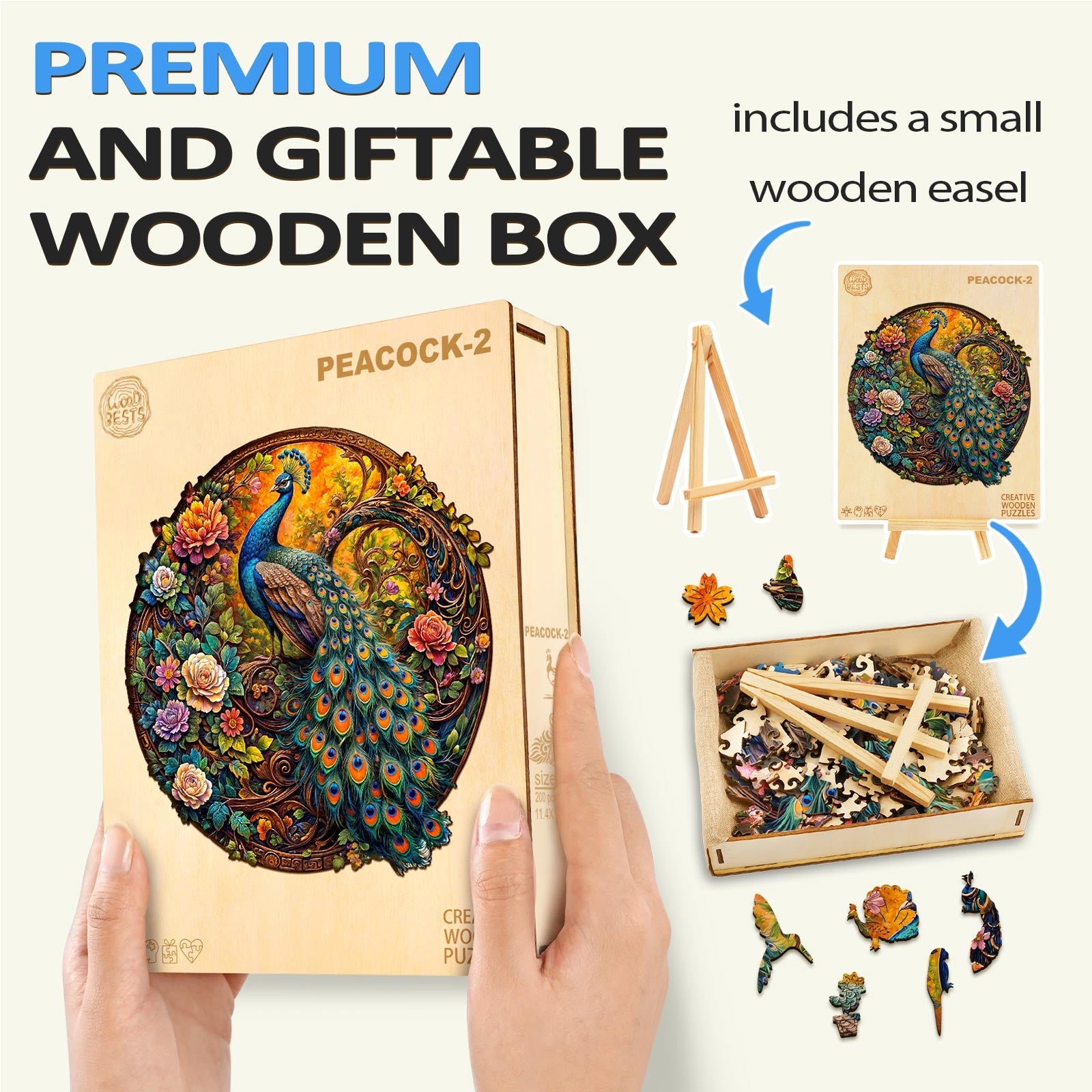 Peacock-2 wooden jigsaw puzzle in a giftable box, includes small wooden easel and colorful puzzle pieces.