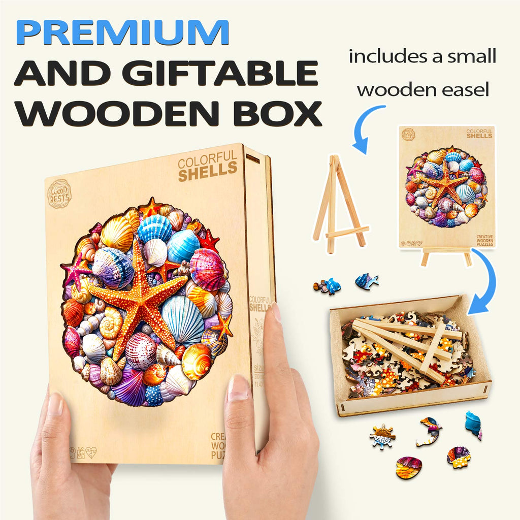 Colorful Shells wooden jigsaw puzzle in a premium gift box with a small easel for display.