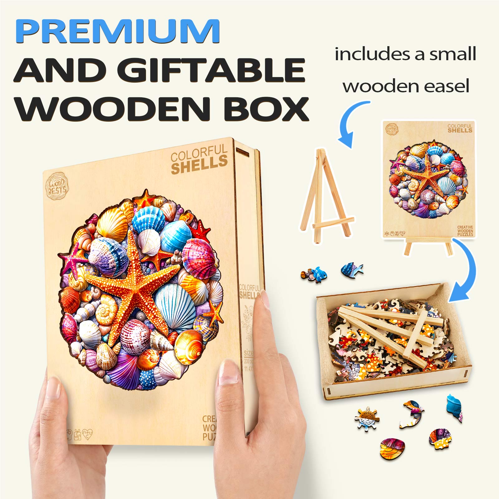 Colorful Shells wooden jigsaw puzzle in a premium gift box with a small easel for display.