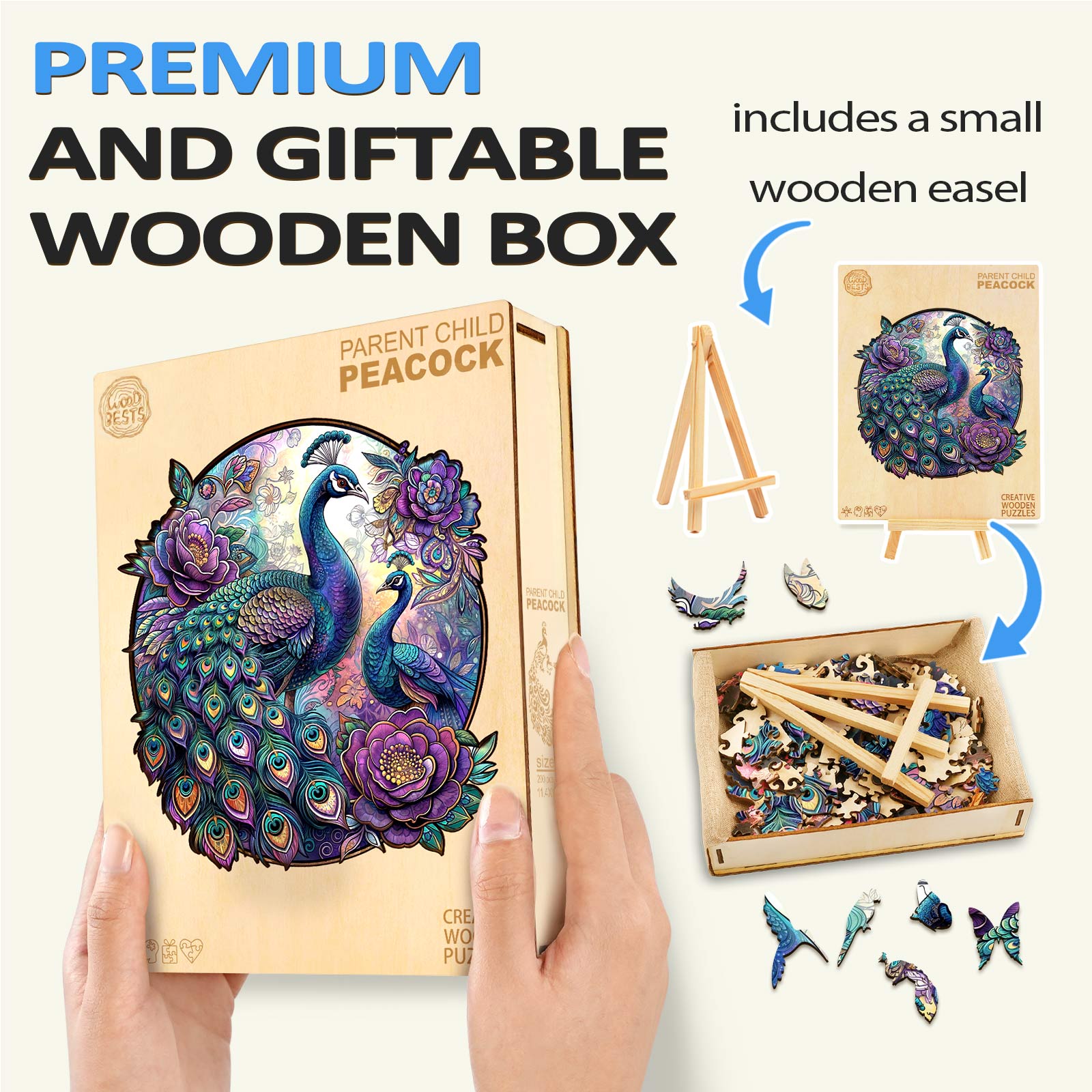 Colorful Parent Child Peacock Jigsaw Puzzle in giftable wooden box with included easel for display.