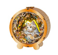 3D wooden puzzle night light featuring a mystical cat surrounded by autumn leaves and glowing stars.