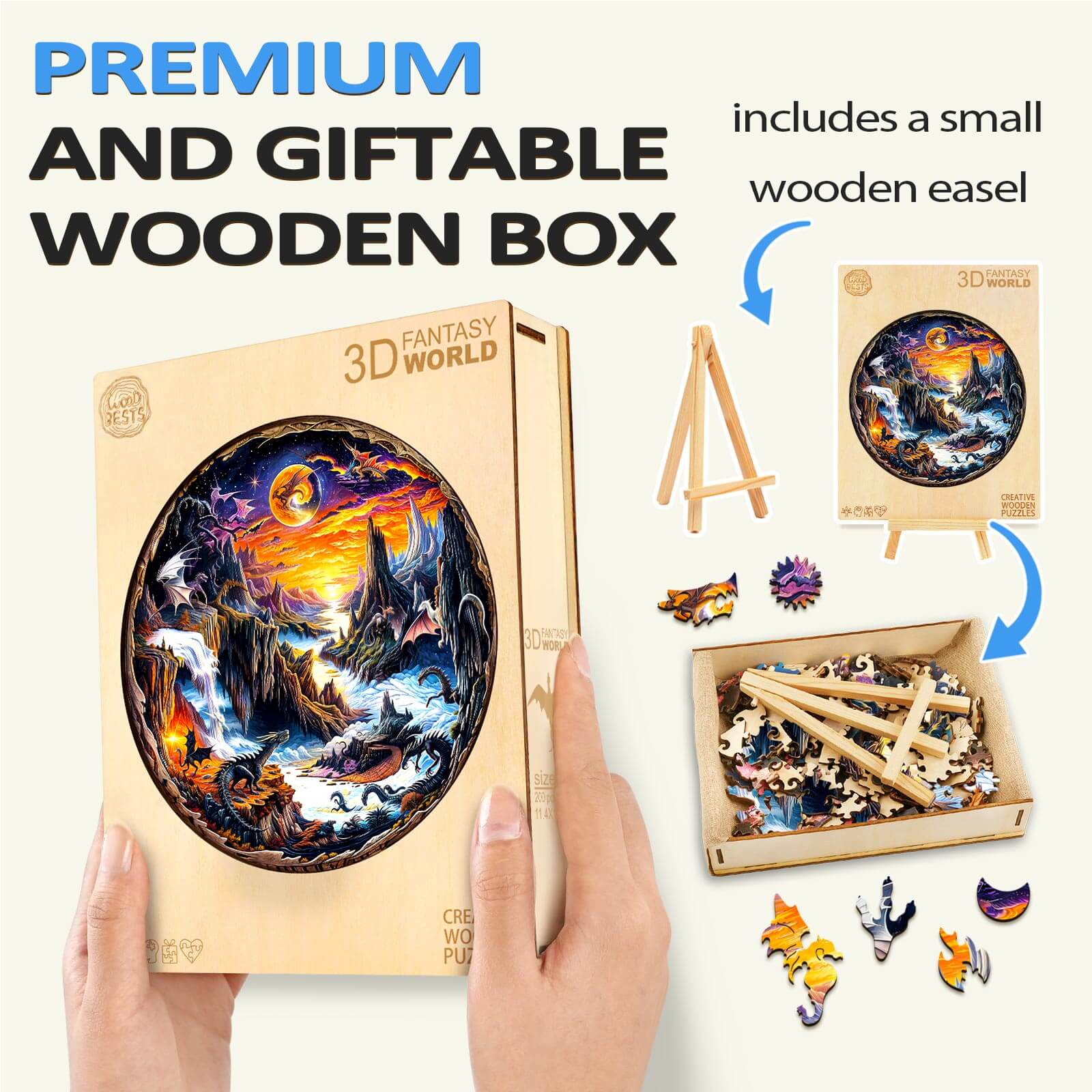 3D Fantasy World wooden jigsaw puzzle in a premium gift box with a wooden easel for display.