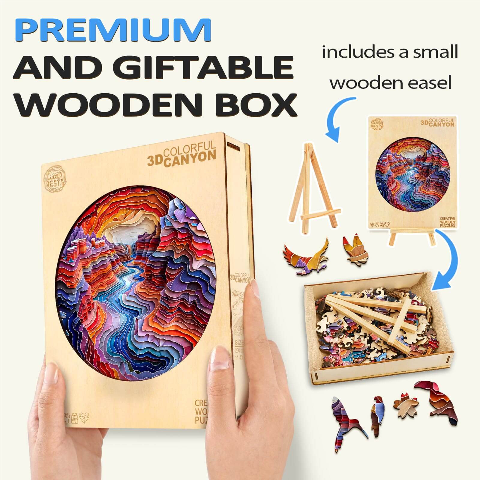 Premium 3D Colorful Canyon wooden jigsaw puzzle in a gift box with small easel, perfect for mind games and focus.
