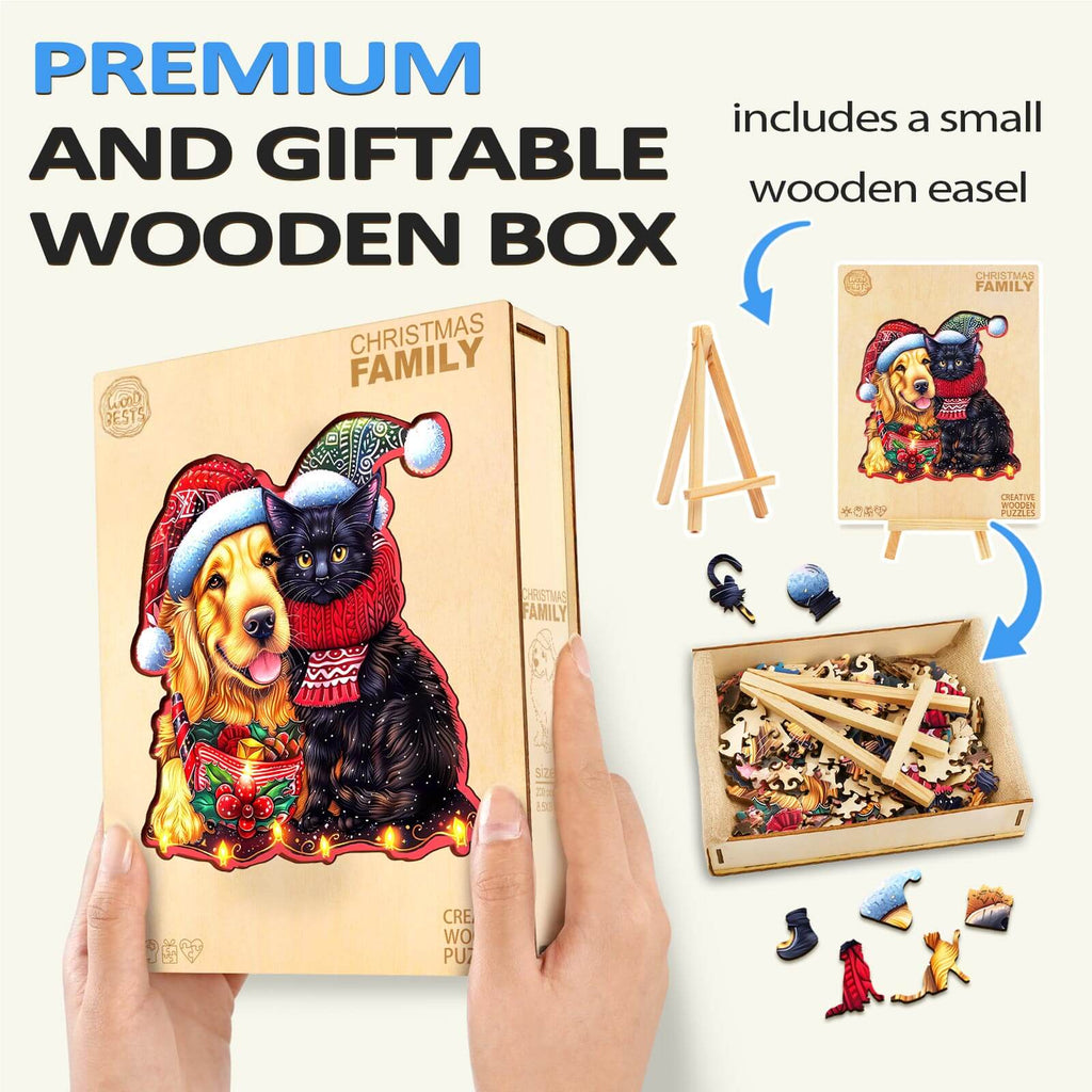 Christmas Family wooden jigsaw puzzle box with dog and cat design, includes wooden easel for display.