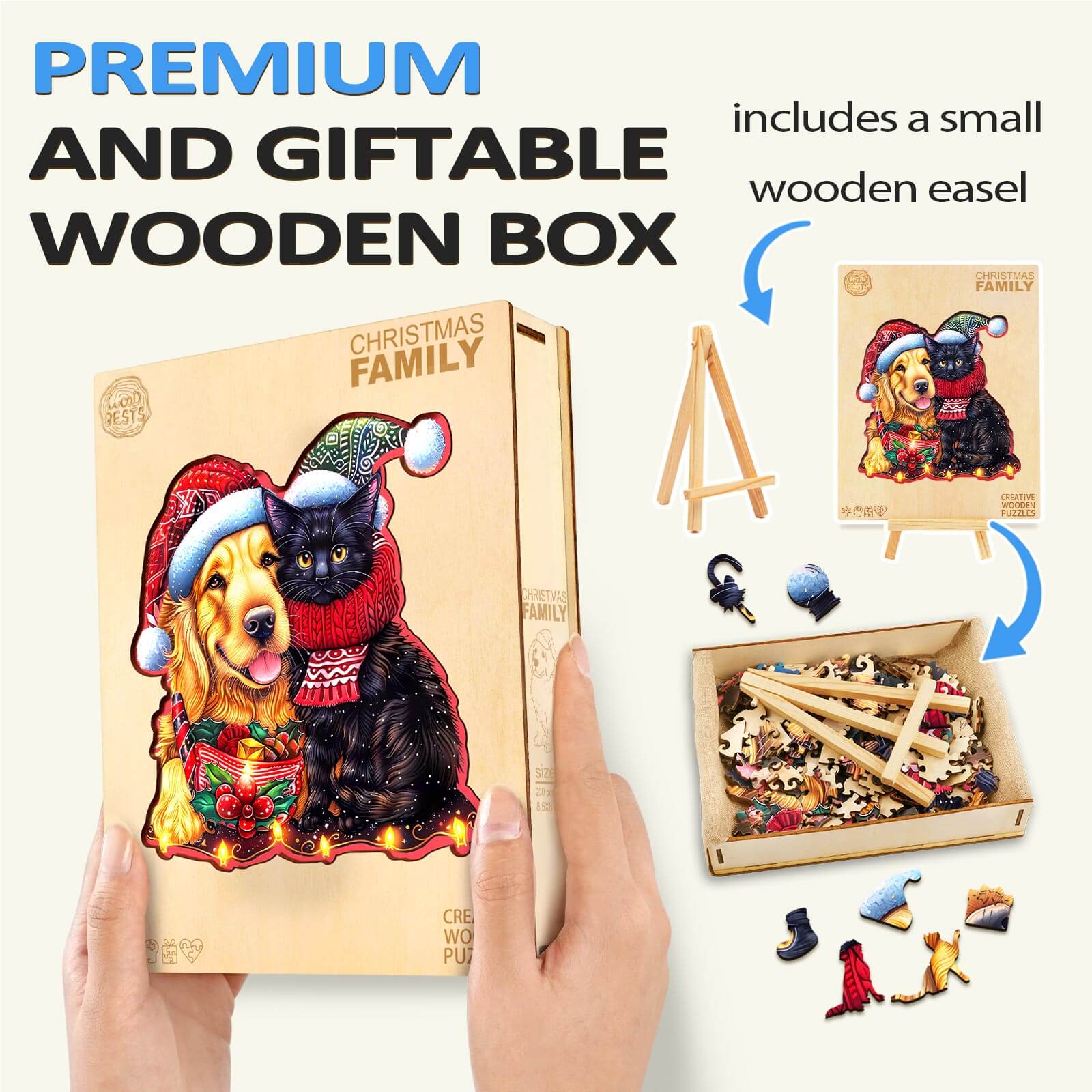 Christmas Family wooden jigsaw puzzle box with dog and cat design, includes wooden easel for display.