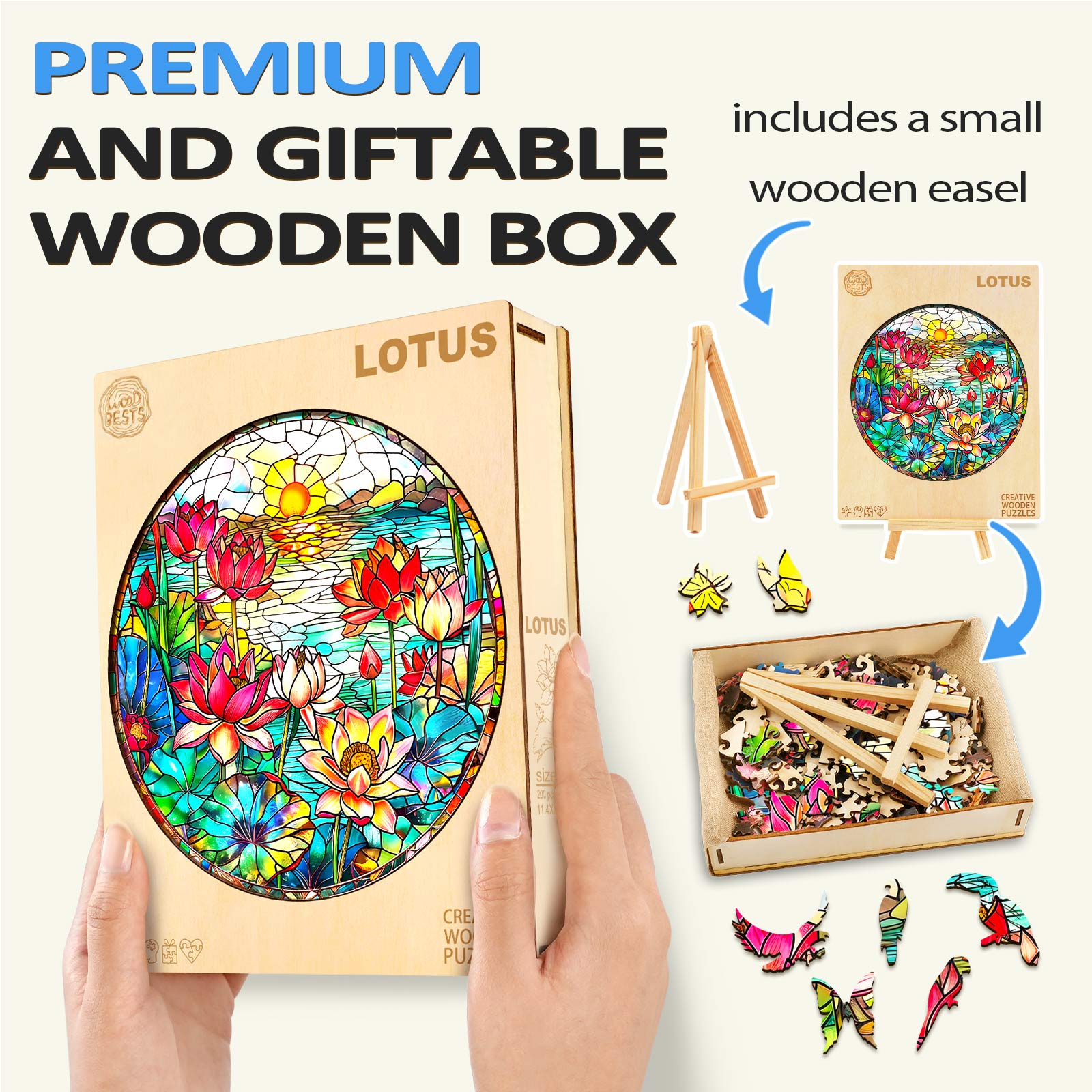 Lotus wooden jigsaw puzzle in a gift box with vibrant colors and a small wooden easel, perfect for mind games.
