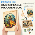 Premium Halloween wooden jigsaw puzzle in a giftable box, featuring a small wooden easel and intricate designs.