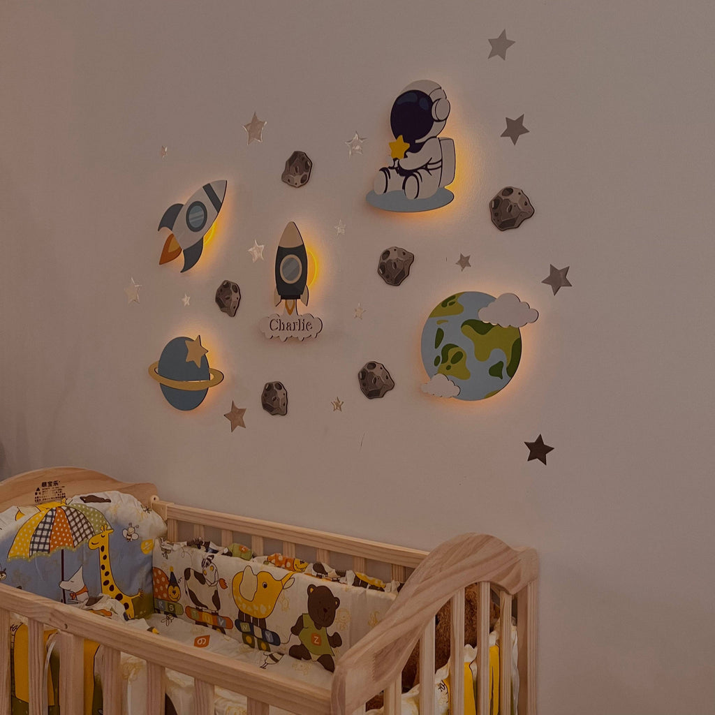 Personalized Wooden Baby's Room Wall Light Set-Space Model