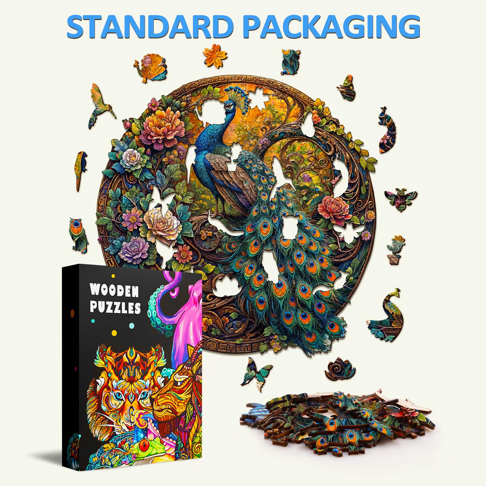Peacock-2 wooden jigsaw puzzle with intricate design pieces and colorful packaging for focused mind games.