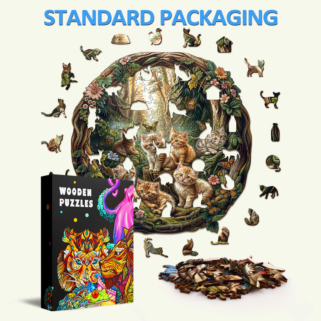 Laid-back Kitten Wooden Jigsaw Puzzle featuring various kitten pieces, showcasing colorful artwork and puzzle assembly.