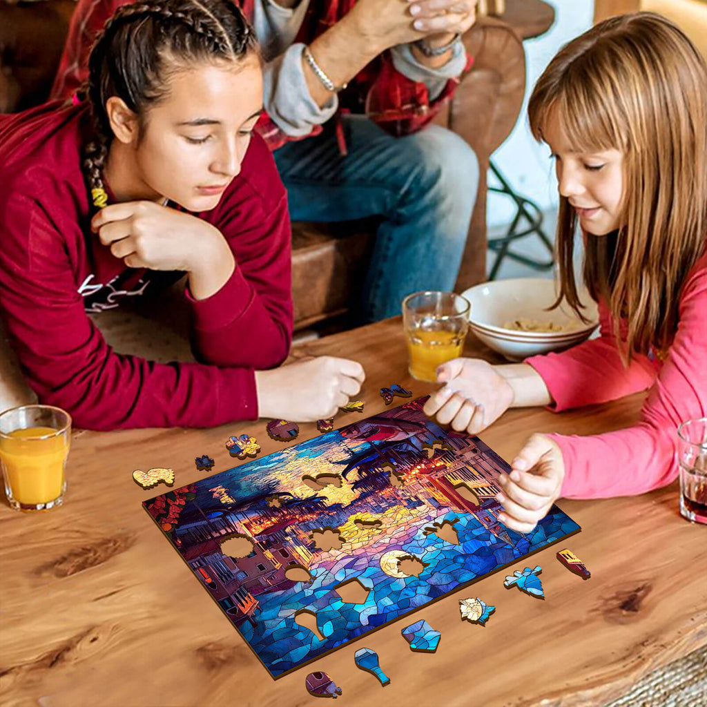 Stained Glass Starry Night Wooden Jigsaw Puzzle