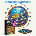 Colorful Retro Turtle Wooden Jigsaw Puzzle pieces and packaging box showcasing vibrant ocean life design.