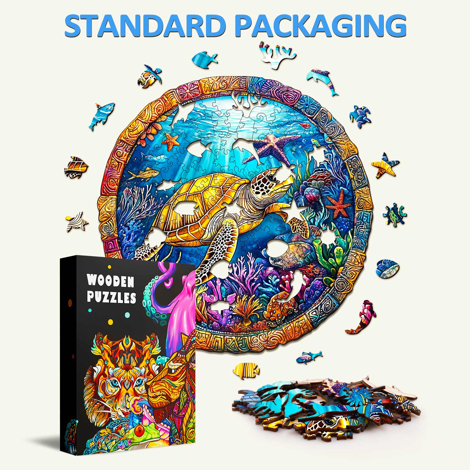 Colorful Retro Turtle Wooden Jigsaw Puzzle pieces and packaging box showcasing vibrant ocean life design.