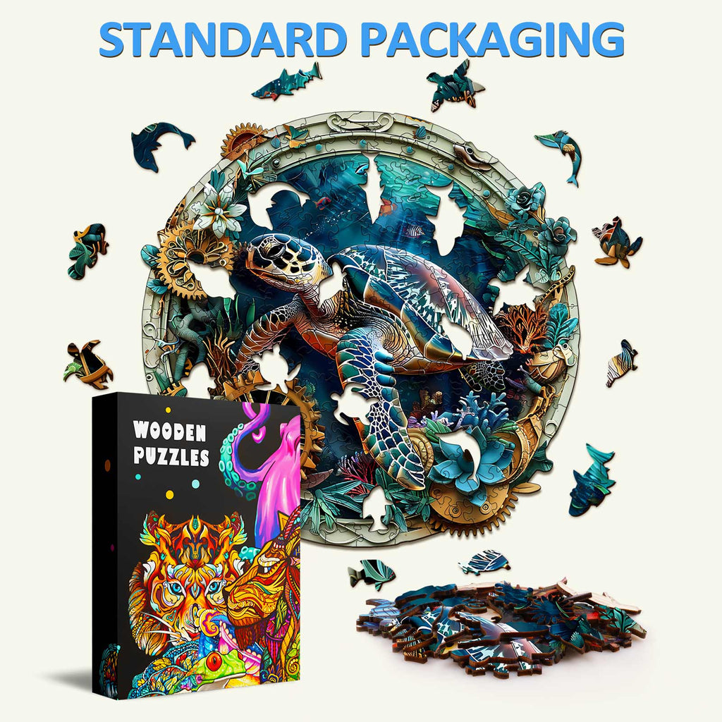 Embossed Turtle Wooden Jigsaw Puzzle with colorful pieces and standard packaging, ideal for mind games and focus.