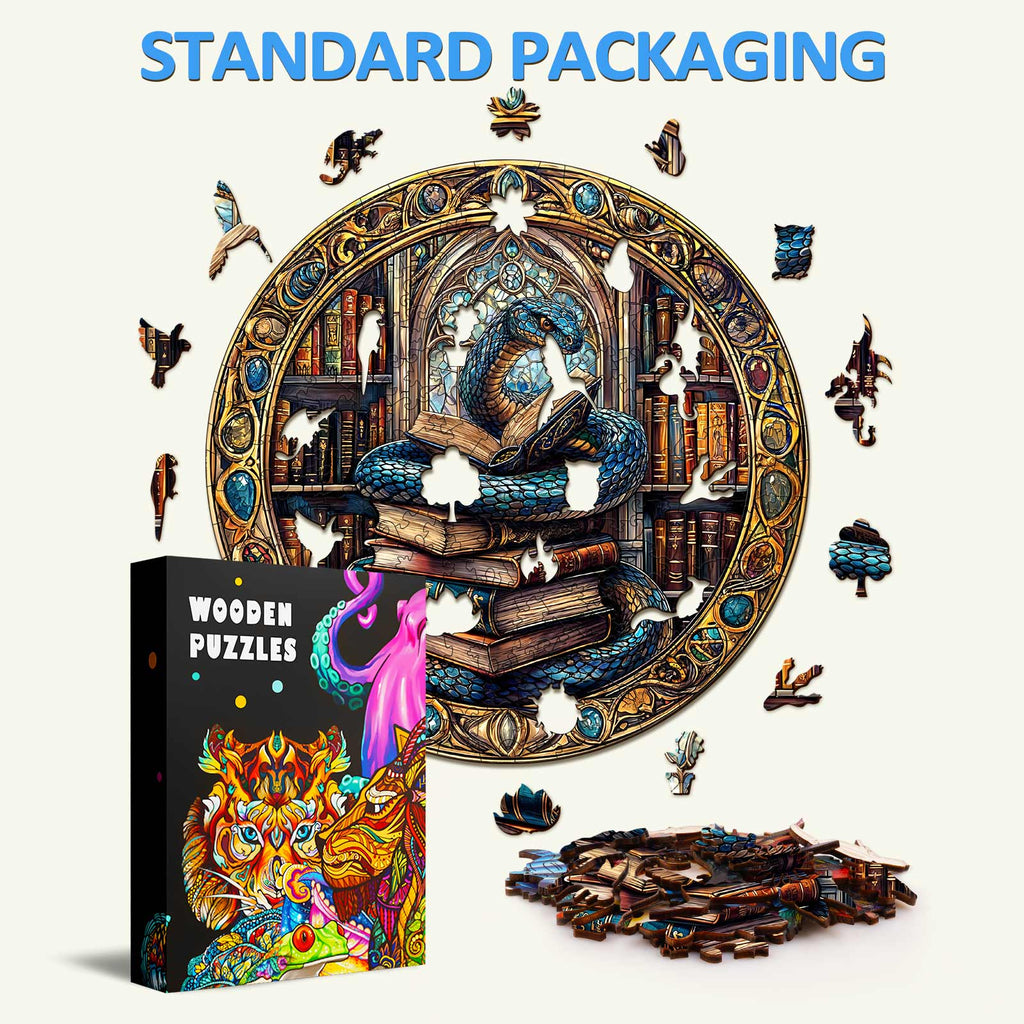Magic Library Snake wooden jigsaw puzzle with standard packaging and vibrant art, perfect for enhancing focus and cognitive skills.