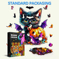 Colorful Pumpkin and Cat wooden jigsaw puzzle pieces, showcasing a playful black cat with a pumpkin, ideal for mind games.