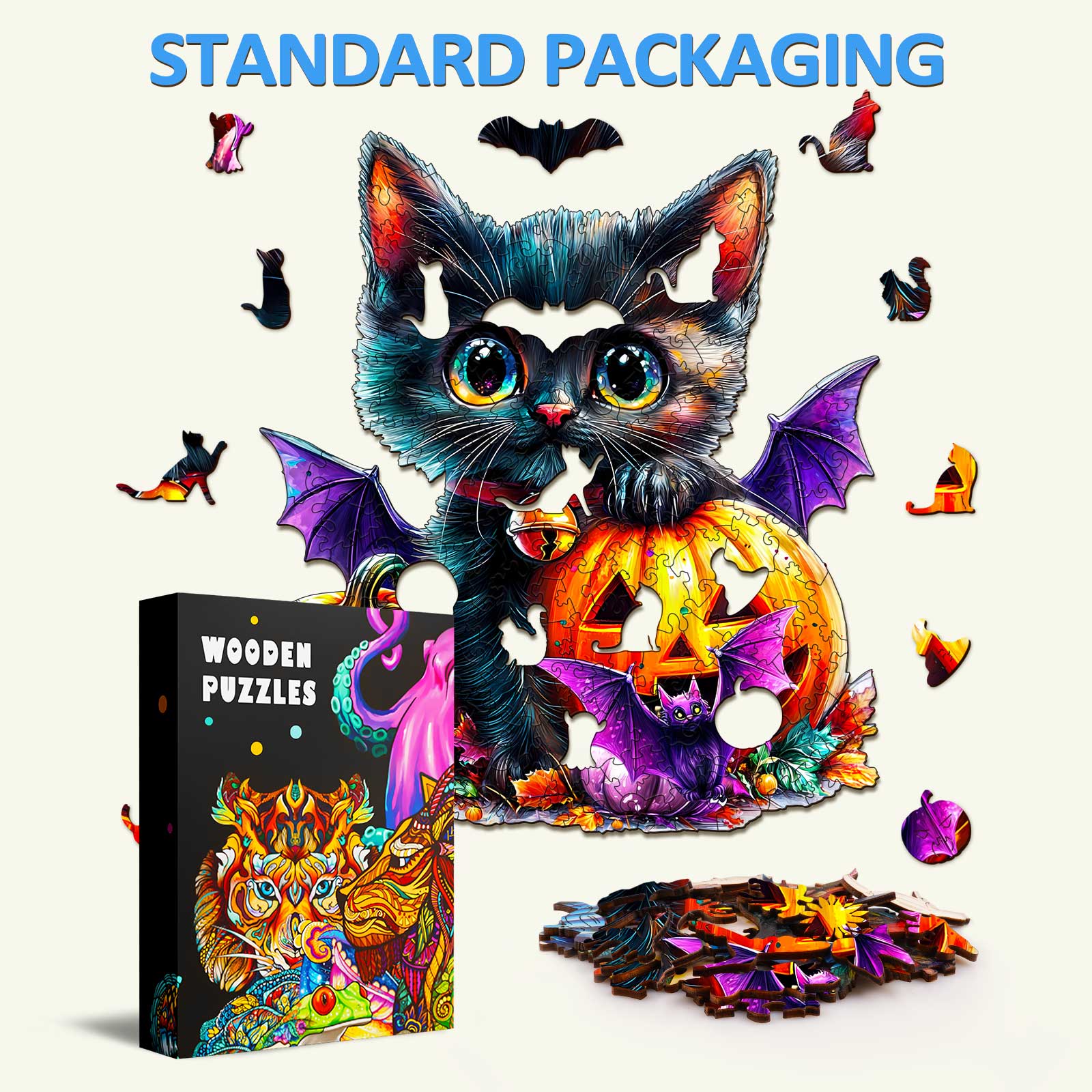 Colorful Pumpkin and Cat wooden jigsaw puzzle pieces, showcasing a playful black cat with a pumpkin, ideal for mind games.