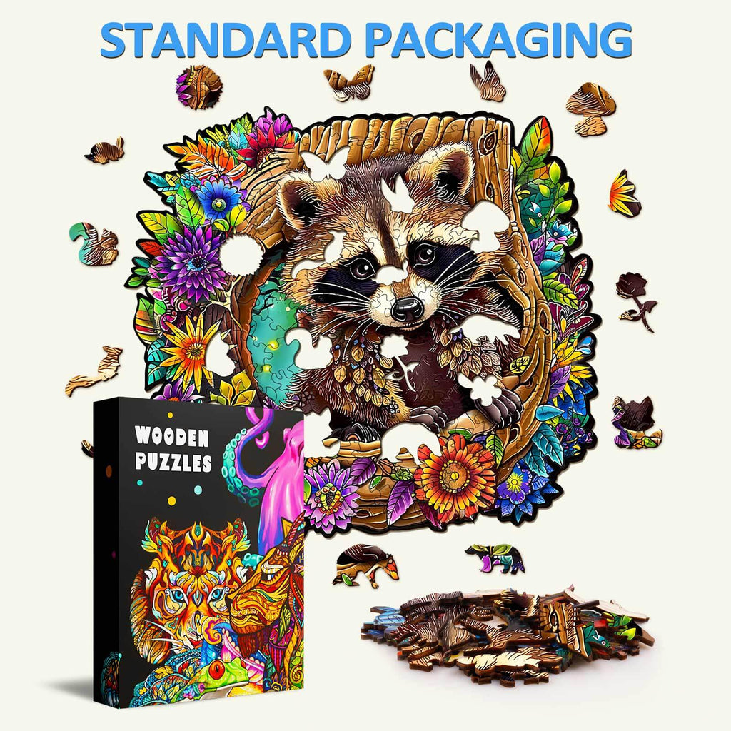 Raccoon's Secret Tree Den wooden jigsaw puzzle featuring a colorful raccoon and floral design, great for puzzle lovers.