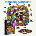 Raccoon's Secret Tree Den wooden jigsaw puzzle featuring a colorful raccoon and floral design, great for puzzle lovers.