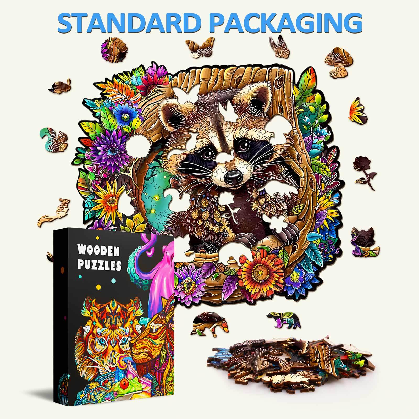 Raccoon's Secret Tree Den wooden jigsaw puzzle featuring a colorful raccoon and floral design, great for puzzle lovers.