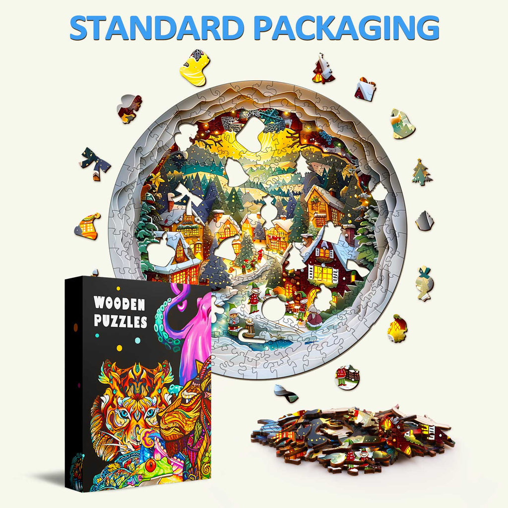 3D Christmas Town wooden jigsaw puzzle showcasing colorful pieces and packaging, perfect for mind games and focus.