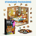 3D Warm Room Wooden Jigsaw Puzzle with pieces scattered, showcasing vibrant colors and packaging for mind games.