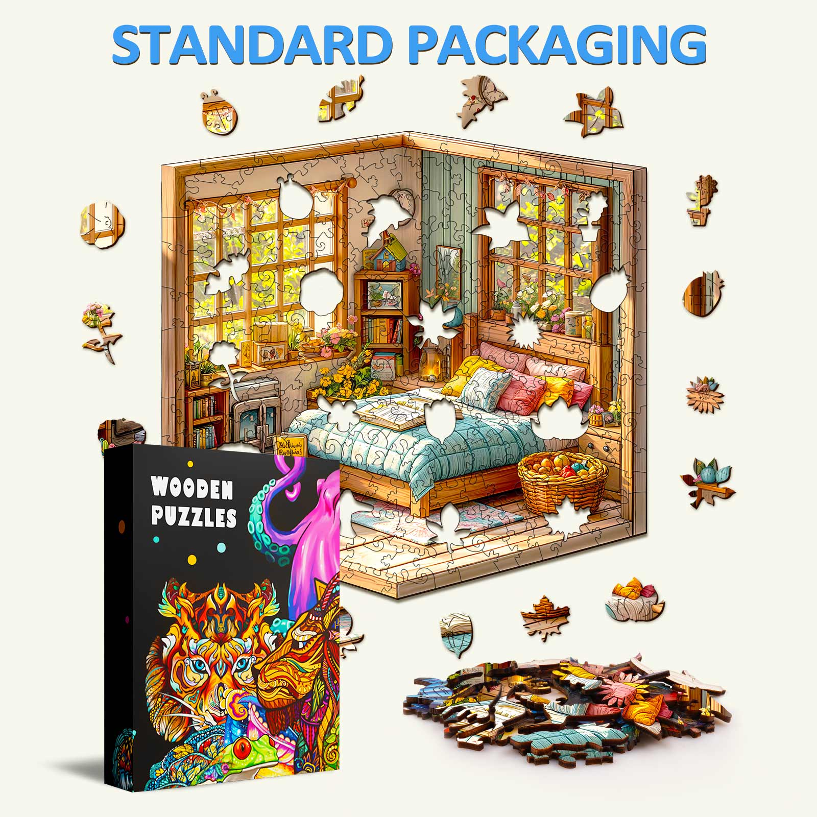3D Warm Room Wooden Jigsaw Puzzle with pieces scattered, showcasing vibrant colors and packaging for mind games.
