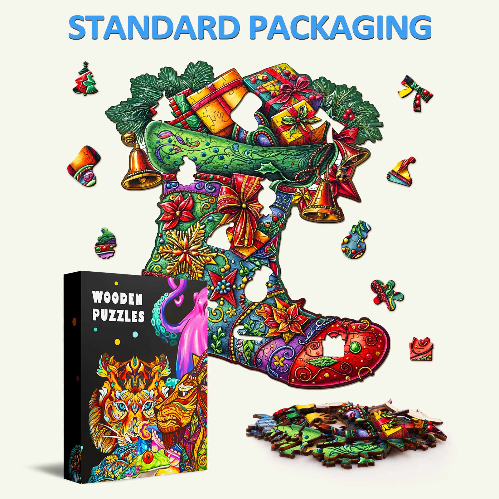 Colorful Christmas Socks wooden jigsaw puzzle pieces, showcasing festive designs, ideal for mind games and focus.