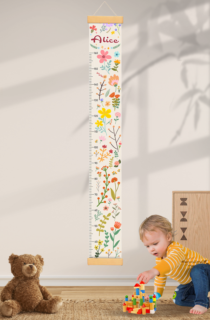 Personalized Blooming Flowers Hanging Canvas Height Ruler