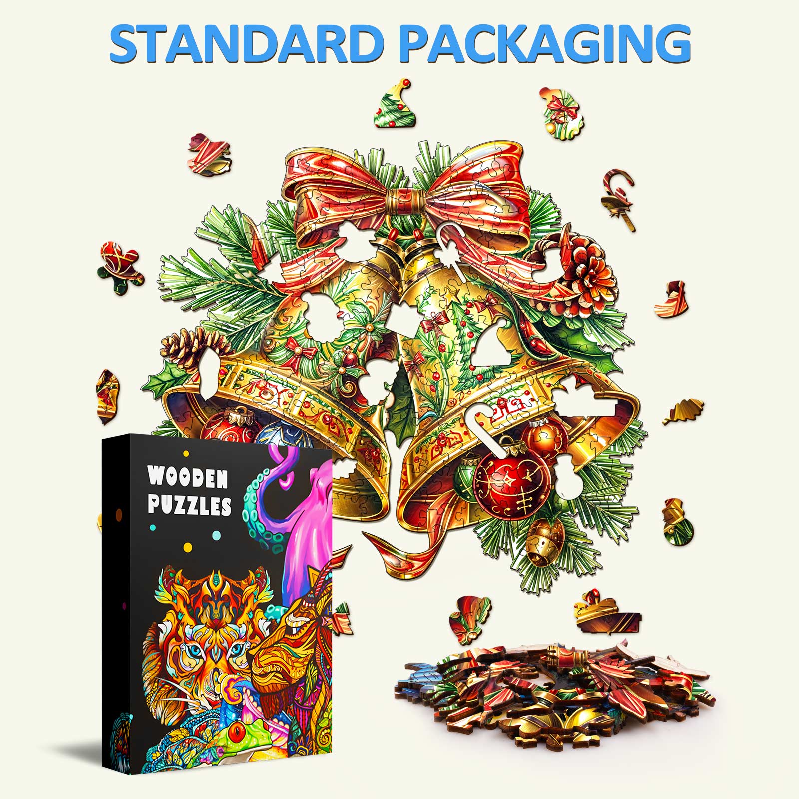 Colorful Christmas Bells-2 wooden jigsaw puzzle with festive design, showcasing standard packaging.