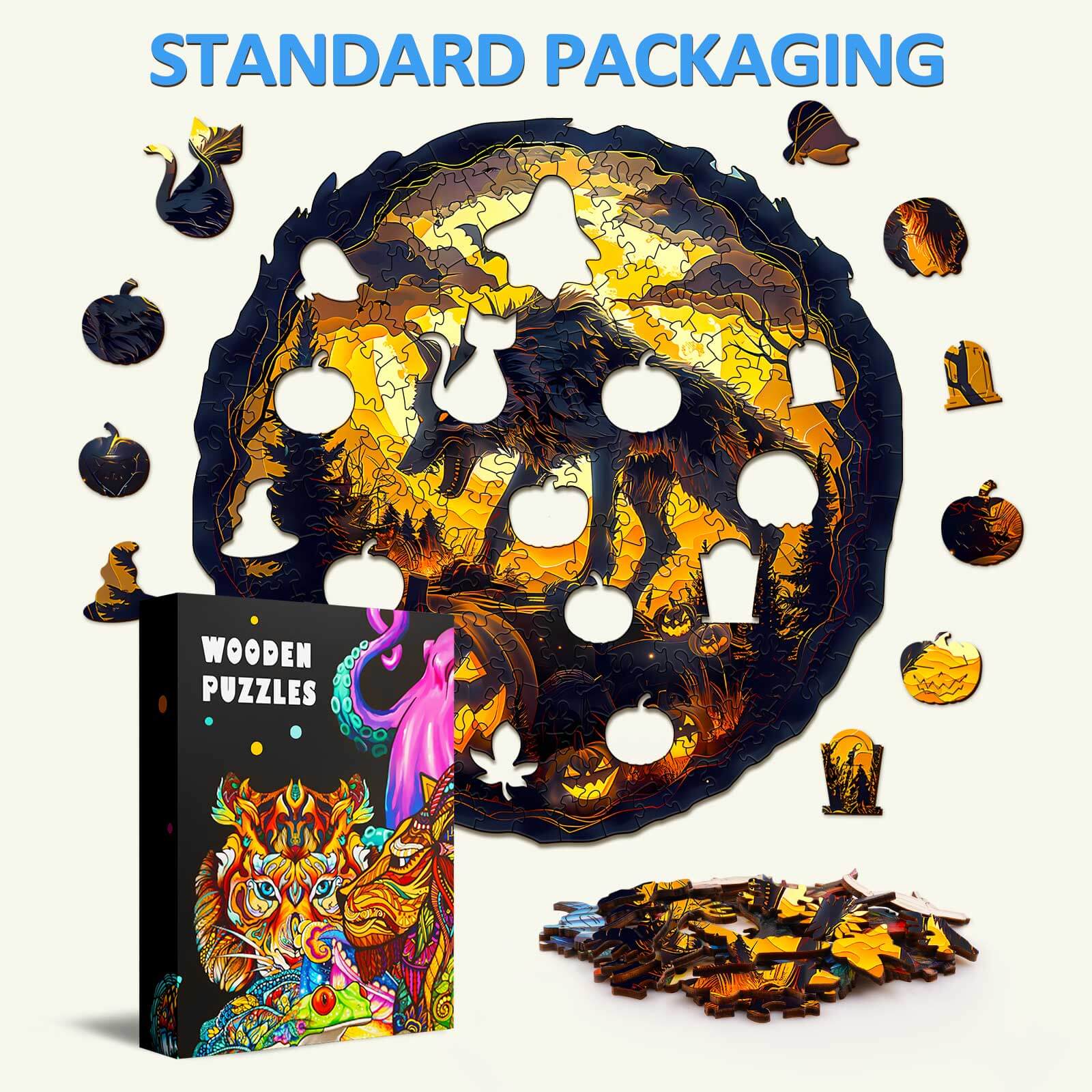 3D Halloween Wolf wooden jigsaw puzzle pieces with colorful packaging, perfect for puzzle enthusiasts and mind gamers.