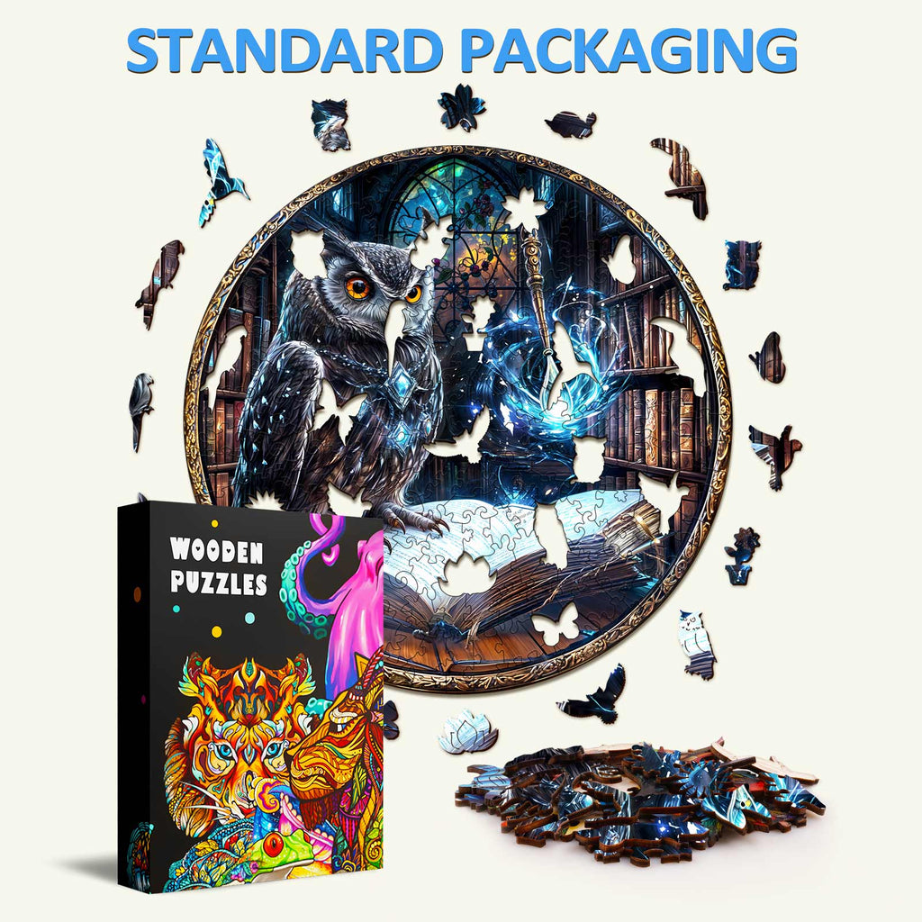 Library Owl Wooden Jigsaw Puzzle featuring intricate design, packaging, and pieces for mind-challenging fun.